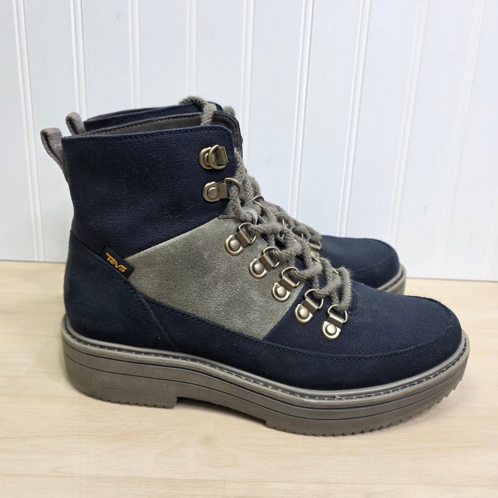 Teva Midform Patchwork Ankle Boots Navy Canvas Suede Platform Hiking Womens 8